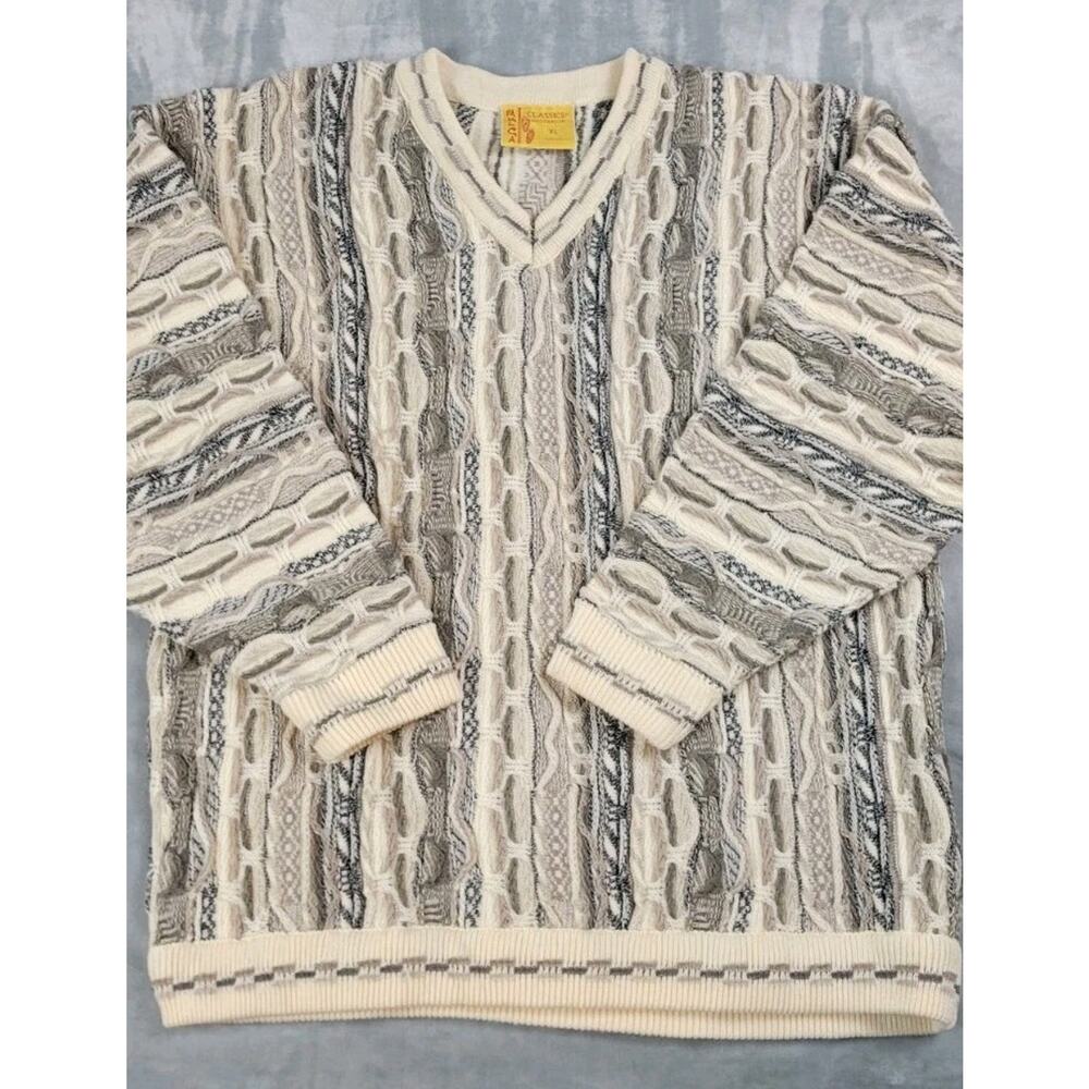 Vintage Mulga 100% wool 3D Textured chunky Knit Sweater MENS XL Coogi Style tan